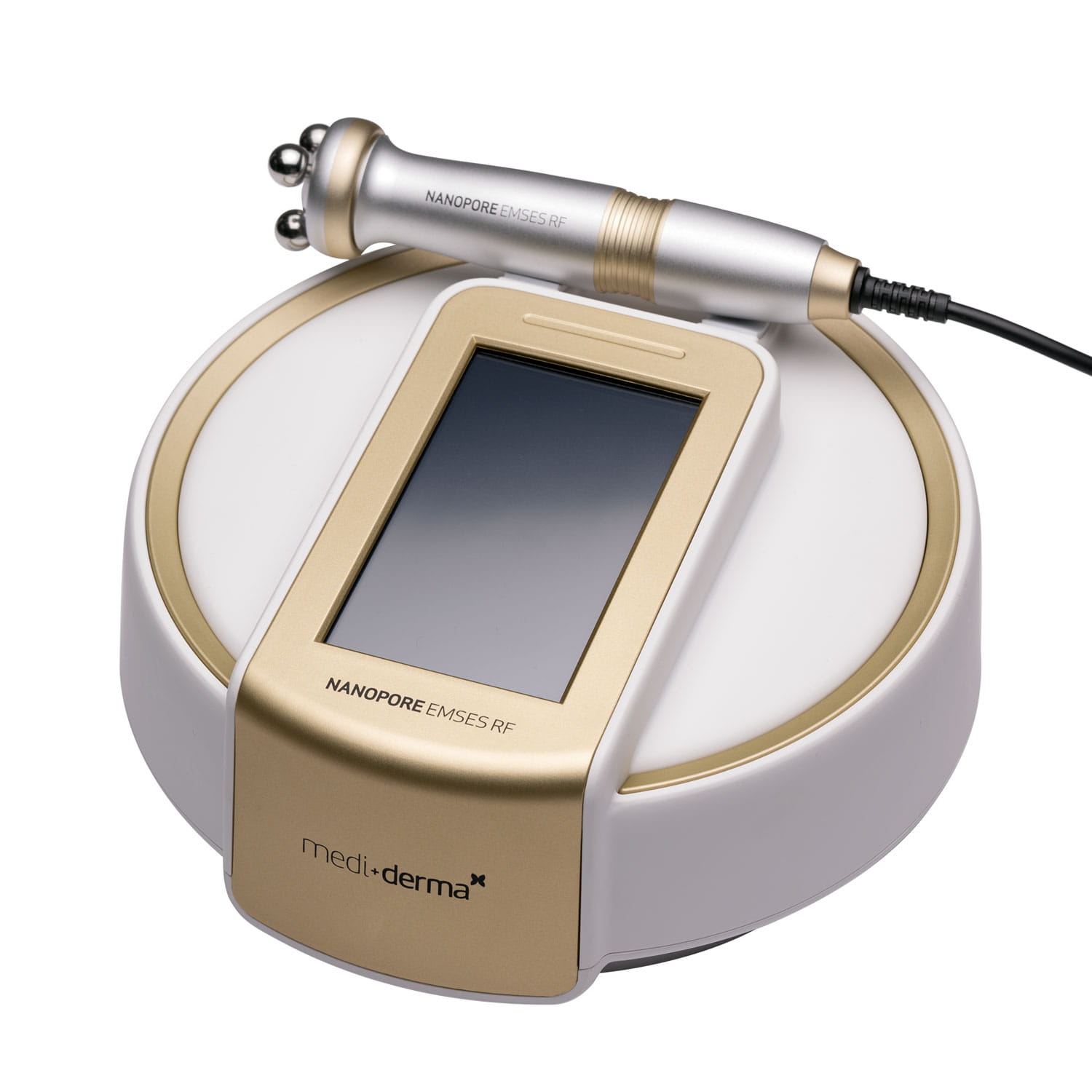 NANOPORE EMSES RF professional skincare device by medi+derma — touchscreen base and handheld applicator